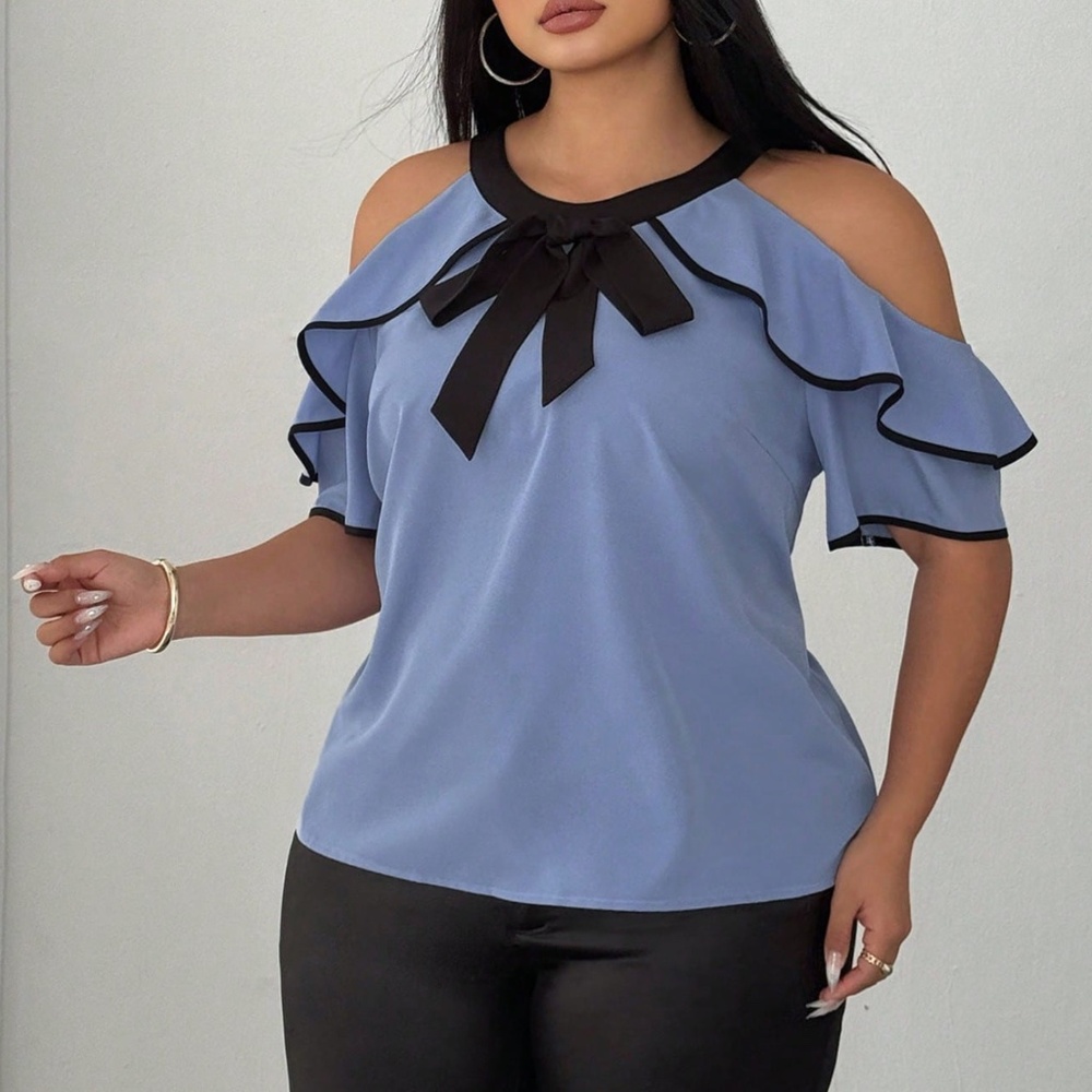 Plus Color Block Cold Shoulder Ruffle Detail Short Sleeve Blouse - Picture 5 of 11